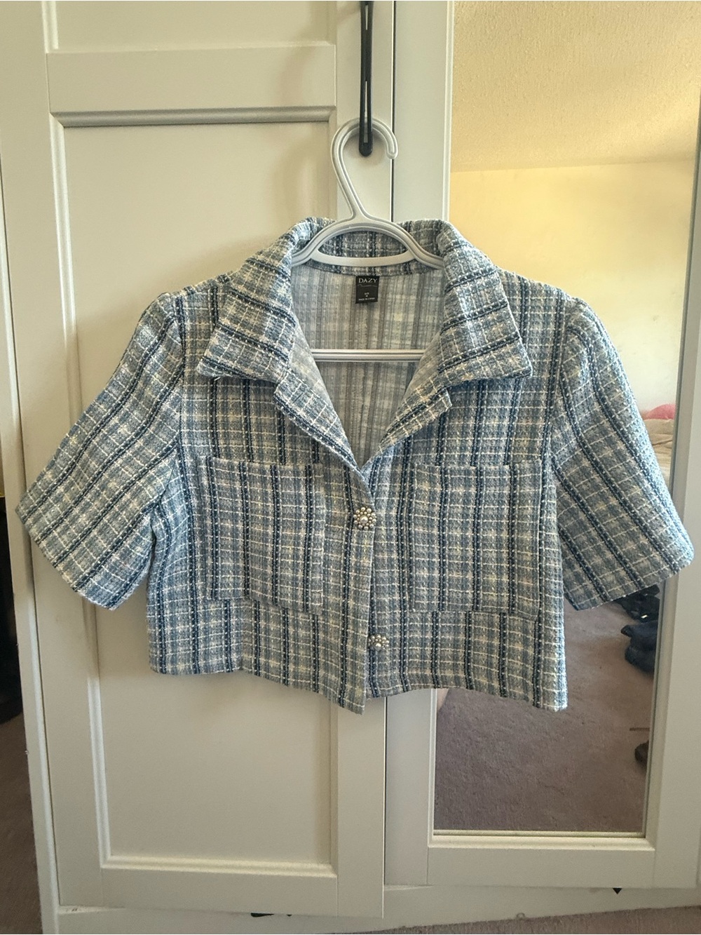 Blue Tweed Cropped Blazer Jacket Pearl Button Plaid Short Sleeve Women's Medium